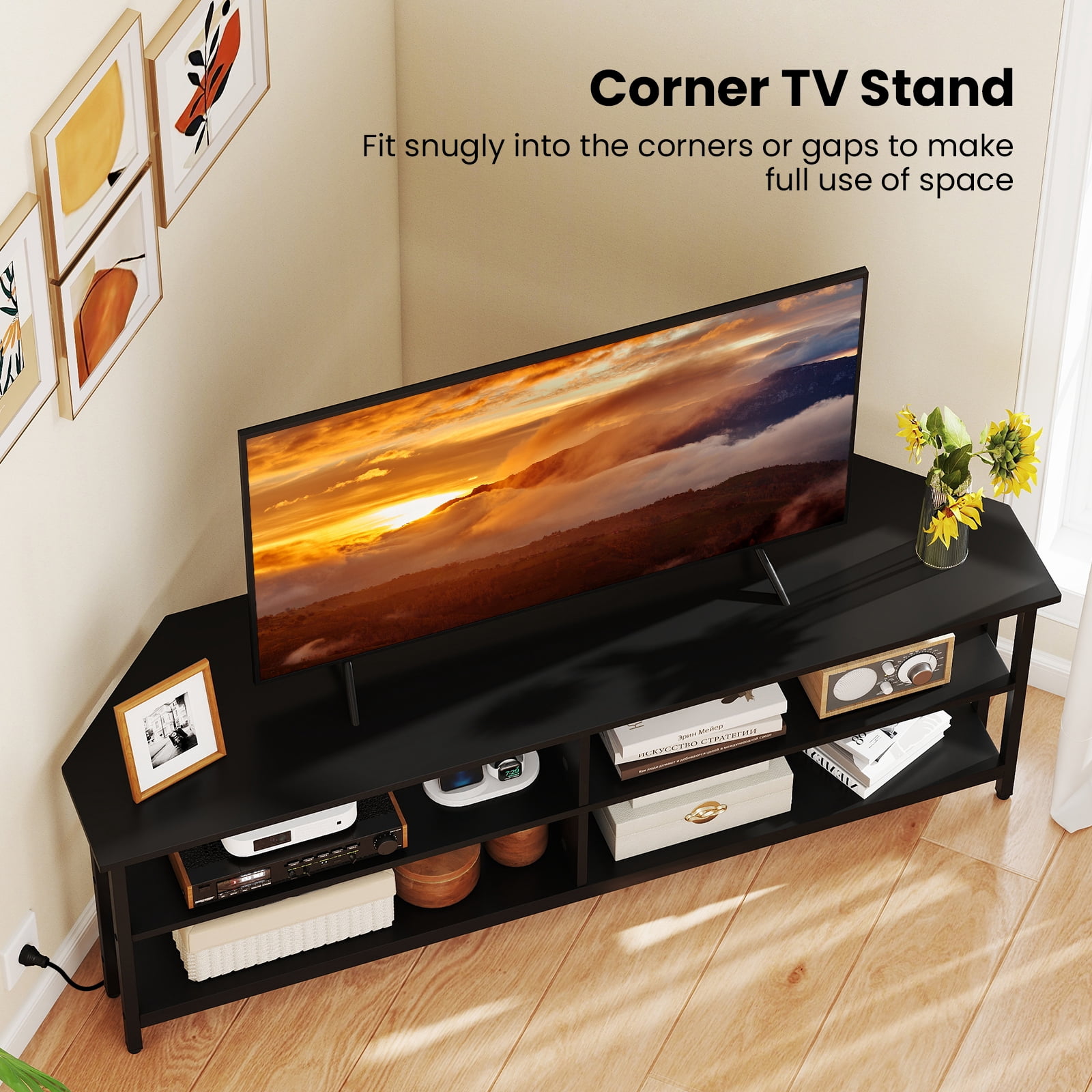 Giantex Nightcore Corner TV Stand, Entertainment Center for 65" TV, Console Table w/Metal Frame & AC Outlets, Media Console, Black