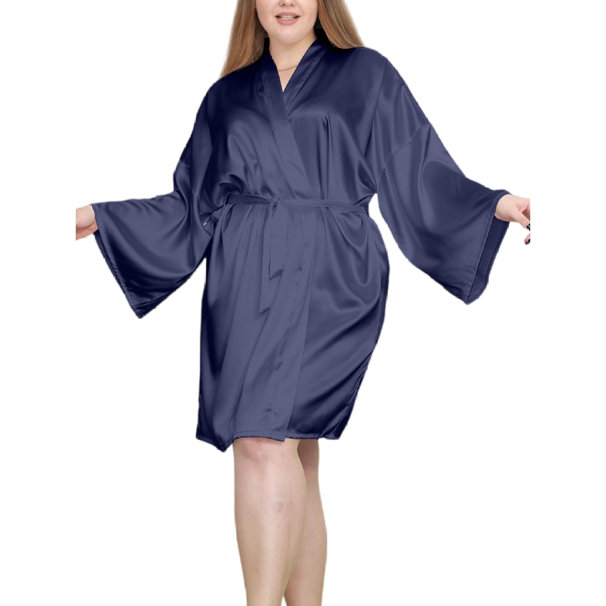 MAWCLOS Ladies Robe Long Sleeve Bathrobe Plus Size Nightgowns Loose Spa V Neck Pajamas Navy Blue 3XL Walmart