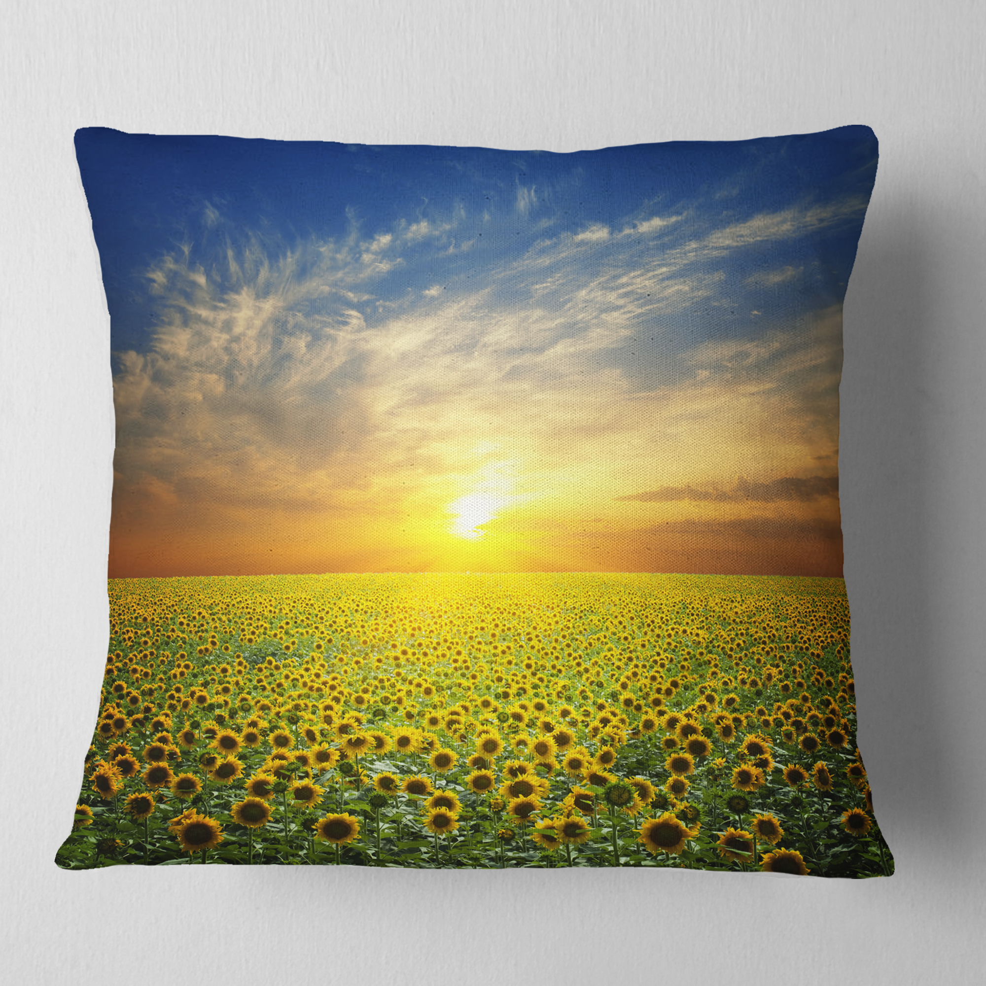 Designart Beauty Sunset over Sunflowers Field - Floral Throw Pillow - 18x18