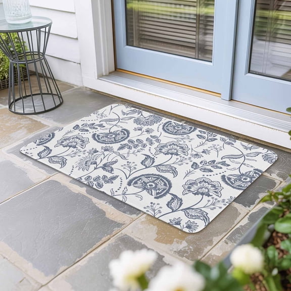Pastoral Flowers Door Mat Indoor Outdoor, Vintage Haze Blue Farmhouse Plant Non Slip Welcome Mat with Rubber Backing, Absorbent Fabric Front Door Mats Entryway Rug for Home Patio Entrance 16"x24"