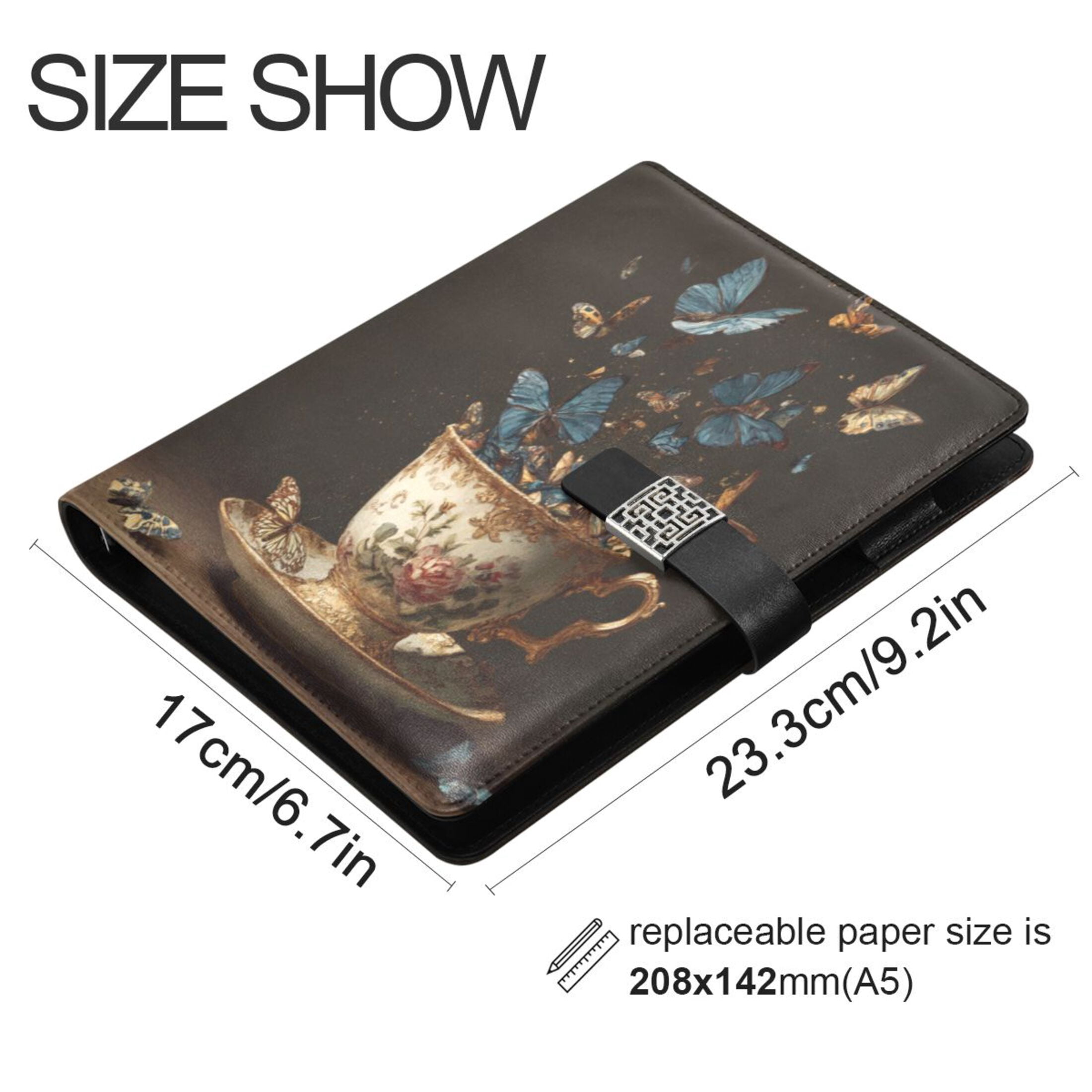 Leather Planner Leather Notebook Notebook Journal Binder Design Pen Pocket Design Convenient for Storage Vintage Teacup Butterflies