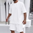 thumbnail image 3 of AWARDER Men's Summer 2-Piece Set, Knitted Solid Color Jacquard Short Sleeve T-Shirt and Casual Shorts, Breathable Lounge Outfit For Spring and Summer Season,White,3XL, 3 of 9