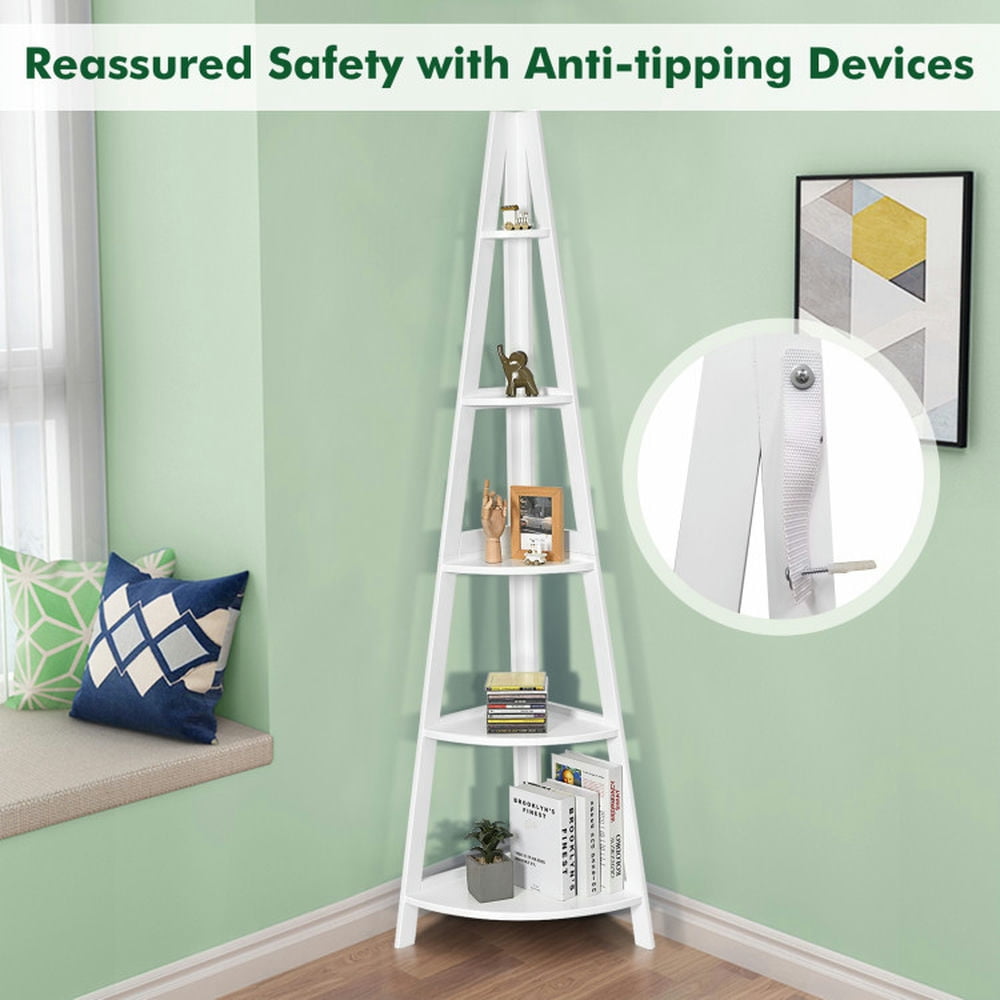 Demi Bonn 5-Tier Modern Corner Bookshelf, Bookcase Shelf with Strong Wooden Frame, Wall-Leaning Display Storage Stand Rack, White