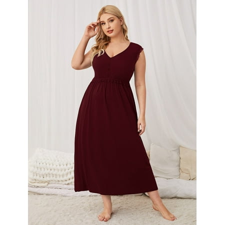 

Casual Women s Plus Button Front Lace Trim Night Dress Maroon 4XL(20) for Summer F220102Y