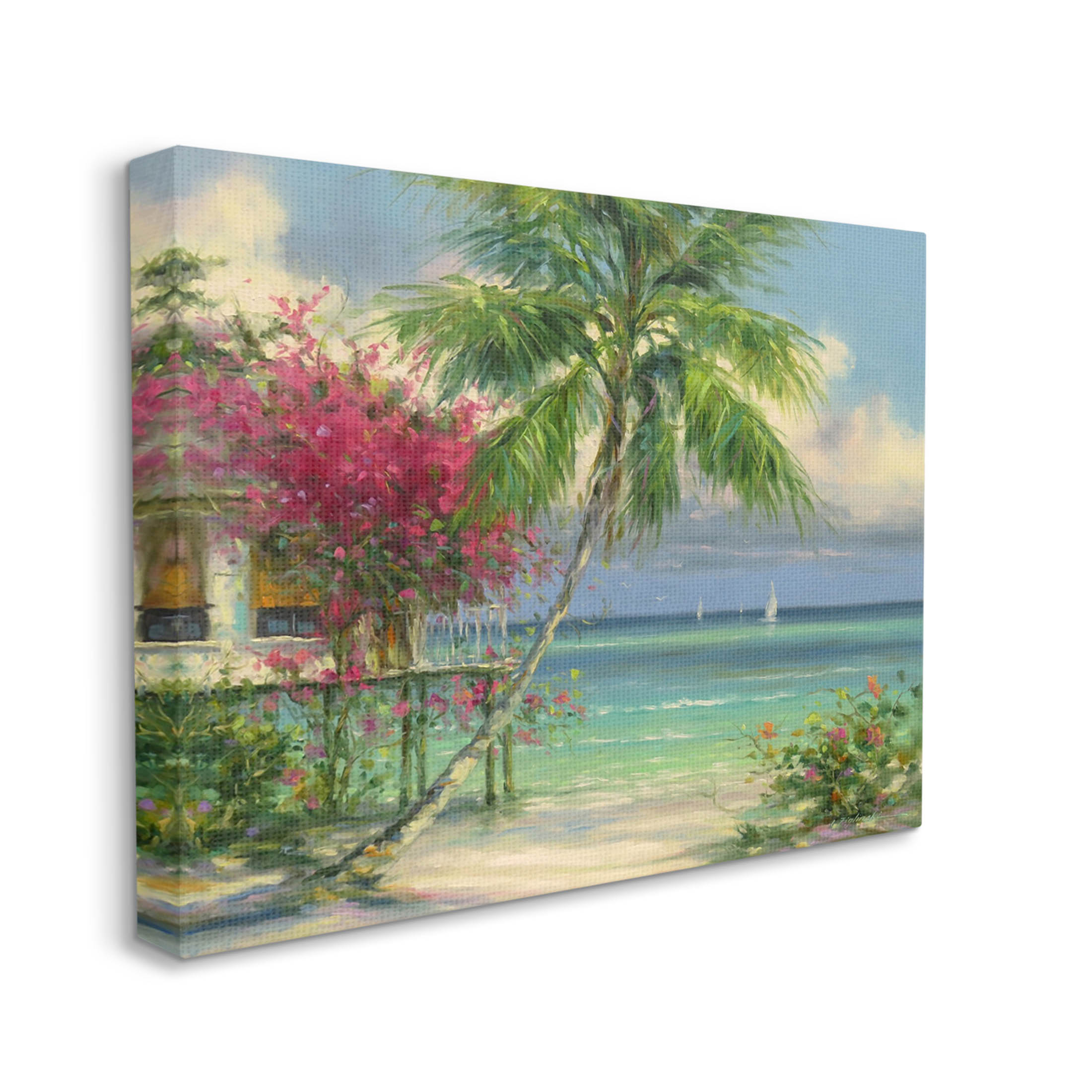 Floral Tropical Summer Vacation Resort Landscape Painting Gallery Wrapped Canvas Print Wall Art