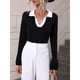 thumbnail image 2 of Suéter de manga acampanada para mujer, elegante, ajustado, con cuello en V, cuello vuelto, jersey de punto acanalado, camisa para el trabajo, negro, XL, 2 of 8