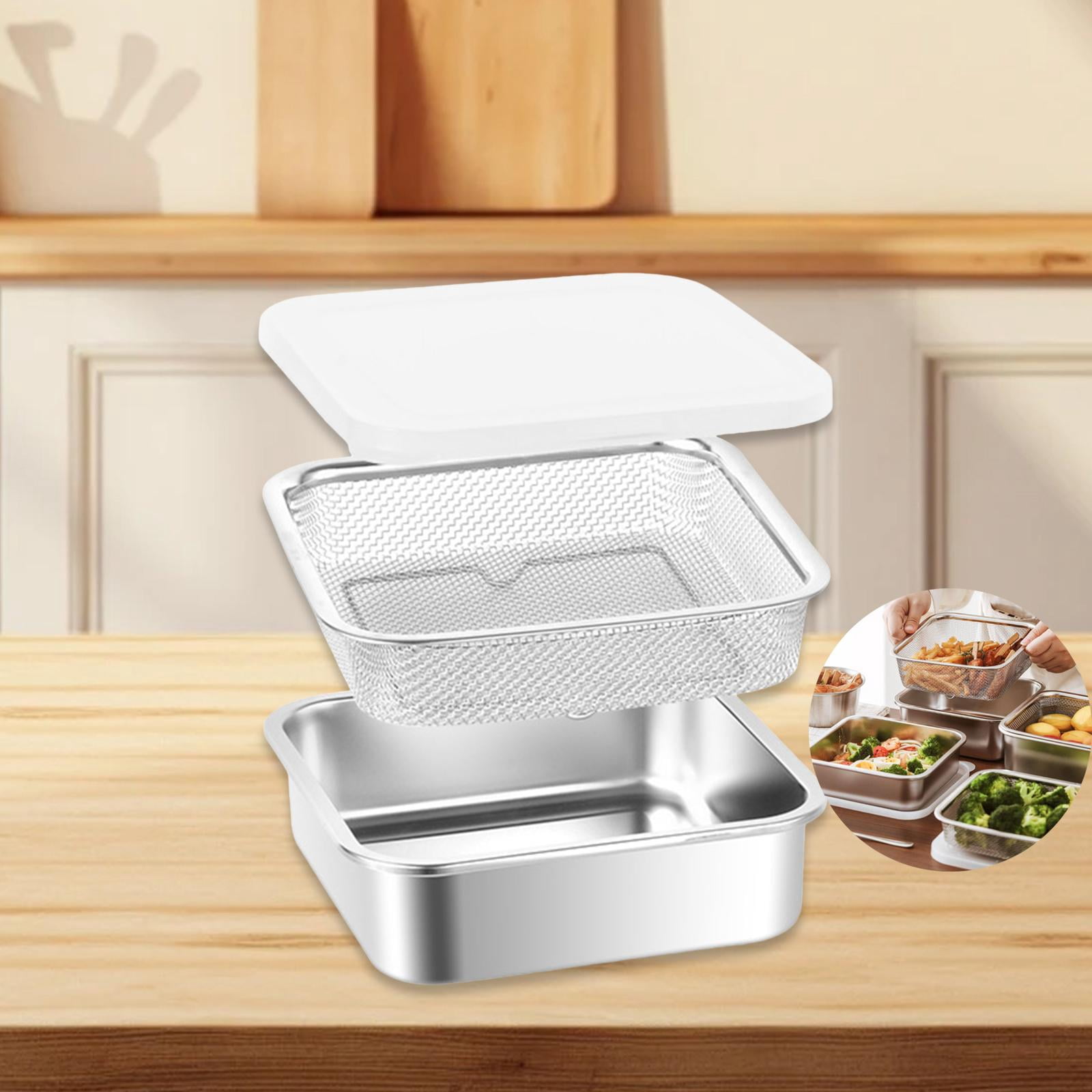 Stainless Steel Container Food Storage Box Colander Set Reusable 1500ml with Airtight Seal for Lettuce and Berries