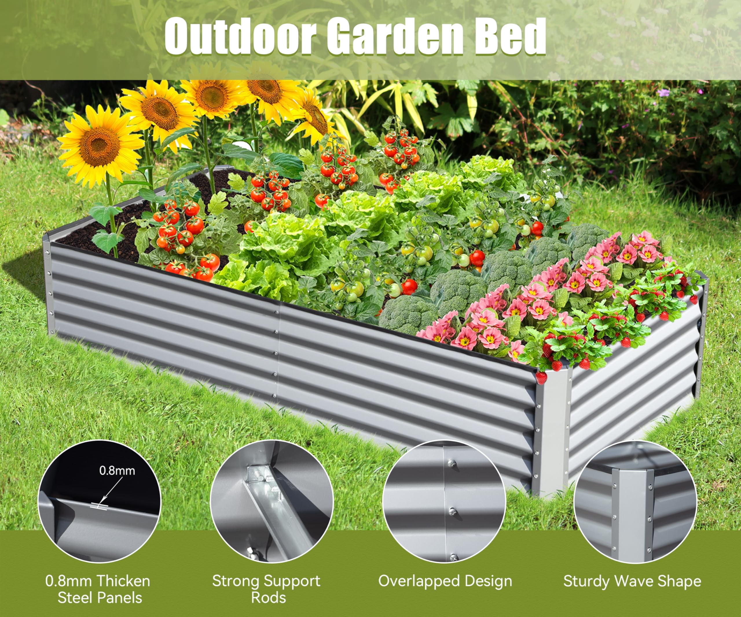 Galvanized Raised Garden Bed, Outdoor Planter Garden Boxes Large Metal Planter Box for Gardening Vegetables Fruits Flowers, Silver 8x4x1.5Ft