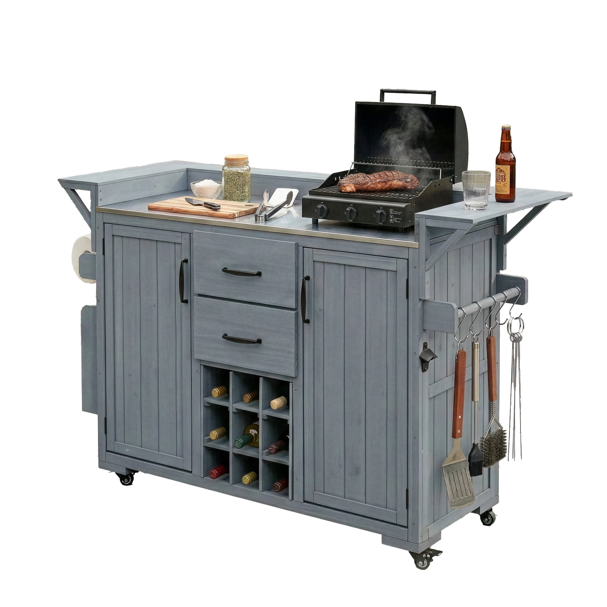 Mintazer Modern 60.2" Outdoor Kitchen Island with Wheels, Rolling Kitchen Island with Stainless Steel Top & Wine Rack, Patio BBQ Kitchen Cart with Spice Rack & 2 Drawers, Gray