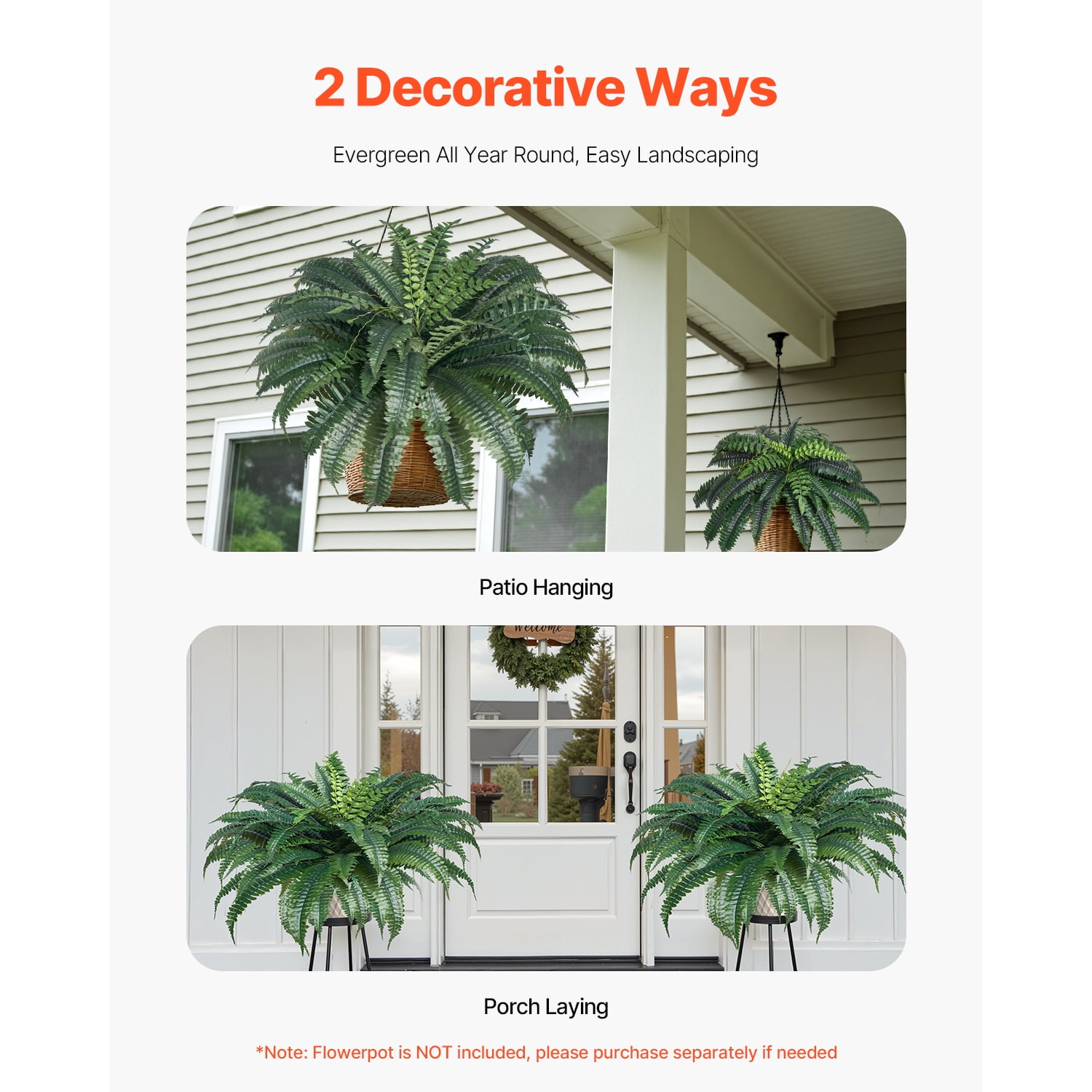 KFFKFF Artificial Ferns Set of 2, Natural Spread Diameter 43-47 Inch, Large Hanging Boston Ferns, Fake Plant Wall Decor with 50 Branches, Faux Fern for Home and Office (Flowerpot Not Included)