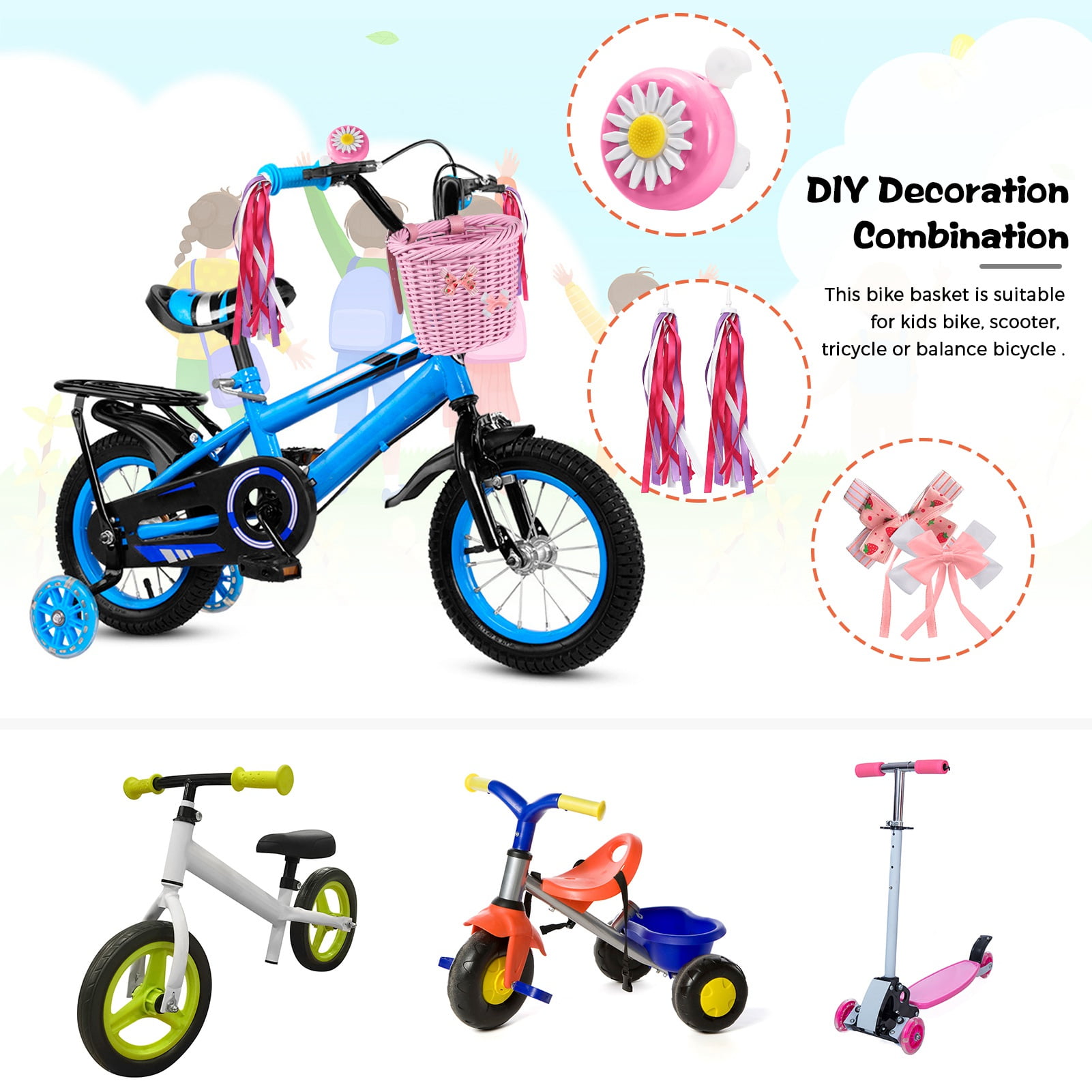 Sorven kids bike basket Bike Kid's Bike Basket for Girls Front Bike Accessories with Handlebar Streamers Cycle Ages 3-13 DIY Bike Decoration Accessories Kit Scooter Basket