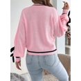 thumbnail image 4 of Women Knit Crew Neck Contrast Lantern Long Sleeve Pullover Sweater with Decorative Cuff Straps Pink S, 4 of 9
