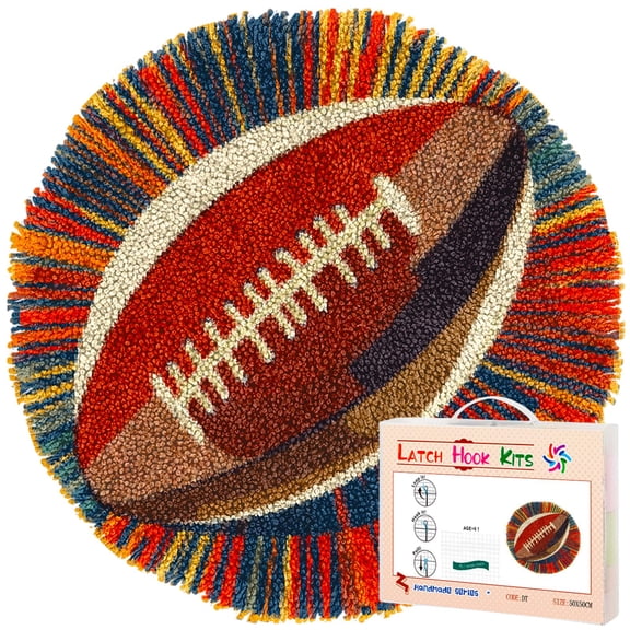Latch Hook Rug Kit American Football Stamped Handmade Round Shape Carpet Crochet Yarn Craft DIY Hook and Latch Door Mat Tapestry for Home Floor Decor 50x50cm(6)