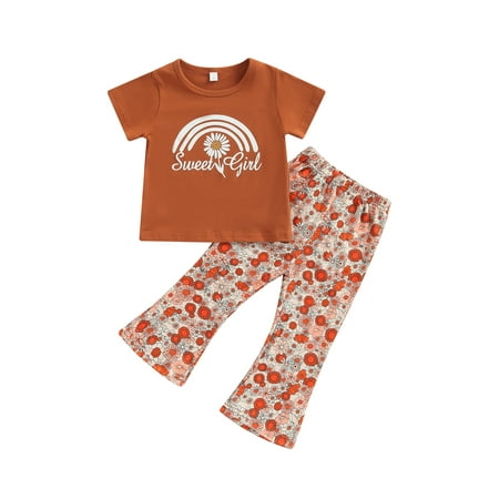 

Nokpsedcb Little Girl 2PCS Streetwear Outfit Daisy Printed T-Shirt Floral Print Long Flare Pants Khaki 4-5 Years