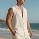 thumbnail image 4 of Camiseta sin mangas con cuello vuelto para hombre, de lino, de color liso, informal, sin mangas, con botones y bolsillos, de poliéster, para verano, 4 of 9
