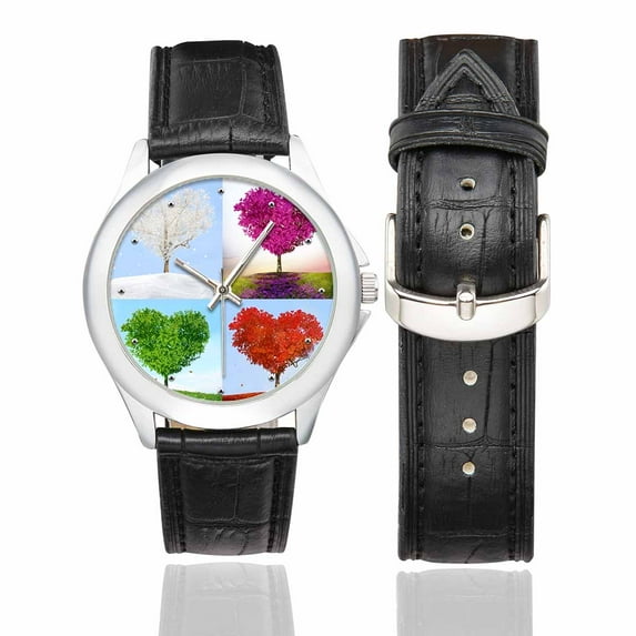 SUNENAT Valentine Love Heart Tree Four Seasons Women's Black Leather Strap Watch Waterproof Classic Watches