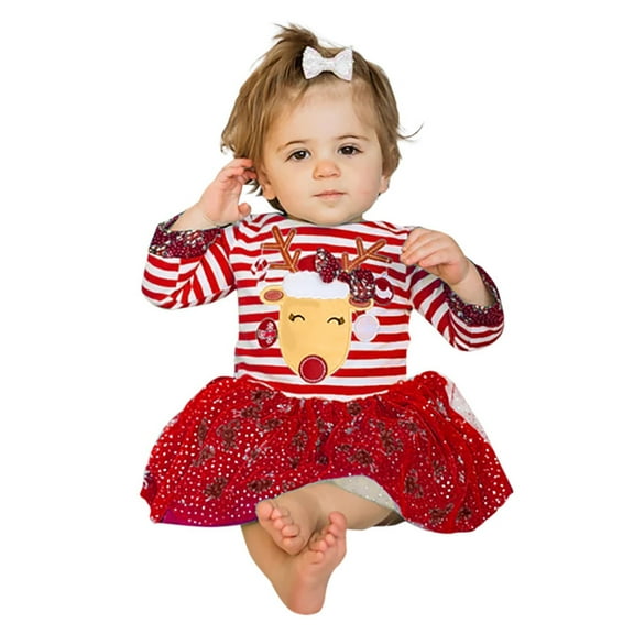 Wuxian Baby Girls Christmas Tutu Dress Lovely Deer Snowflake Embroidery Striped Mesh Lace Princess Tulle Dress Cozy Stylish Birthday Party Xmas Outfits Winter Dress,Red,12-18 Months