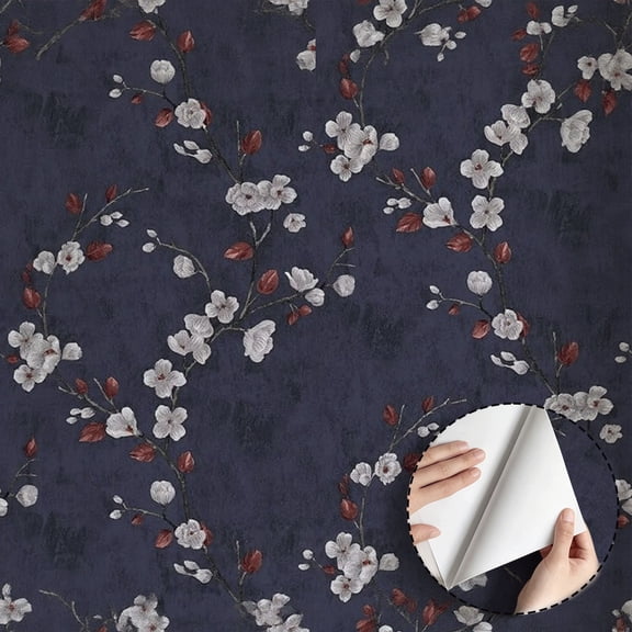 Navy Blue White Cherry Blossom Floral Wallpaper Vintage Rustic Farmhouse Self Adhesive Removable Waterproof Wall Decor for Living Room Bedroom Bathroom Kitchen Cabinet Drawer 17.7 * 118 in
