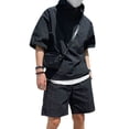 thumbnail image 2 of Xioeram 2Pcs/Set Men Casual Outfit Hooded Zipper Neckline Short Sleeve T-shirt Elastic Waist Wide Leg Shorts Set Solid Color Loose Fit Outfit, 2 of 8