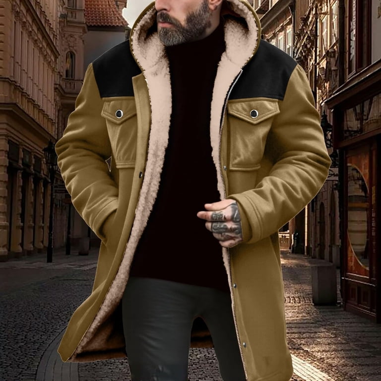 Men's Longline Suede Hooded Jacket, Knee-Length Military Coat with