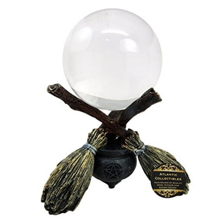 Atlantic Collectibles Scrying Witch Crystal Glass Gazing Ball On Broomsticks and Potion Cauldron Figurine