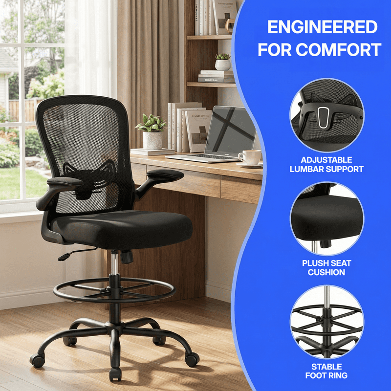 Kyspho Tall Drafting Chair with Flip-Up Armrests, Adjustable Foot Ring, Ergonomic High Office Chair with Lumbar Support, Height-Adjustable Standing Desk Chair