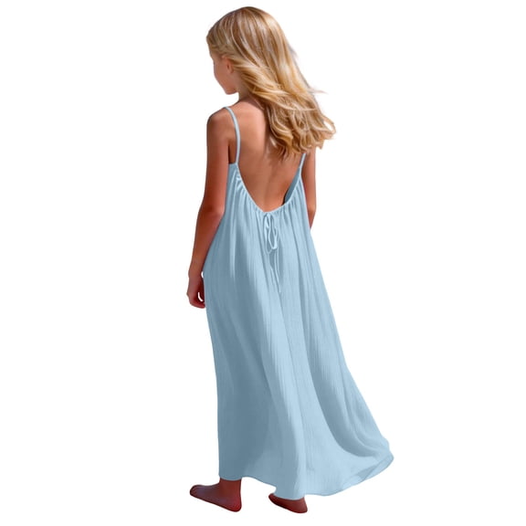 Scyoekwg Girls Summer Dress Sleeveless Fashion Crew Neck Solid Color Comfy Back Drawstring Loose Suspender Long Dresses, Light Blue, 13 Years