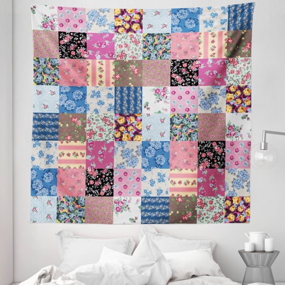 Vintage Tapestry, Geometric Checkered Squares with Blooming Flowers Spring Season Plant Arrangement, Fabric Wall Hanging Decor for Bedroom Living Room Dorm, 5 Sizes, Multicolor, by Ambesonne