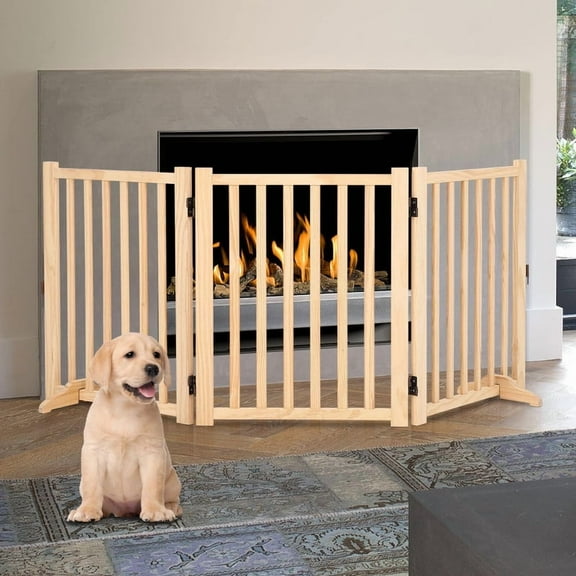 Towallmark 24 Inch Height Pet Gate, Freestanding Wooden Dog Gate, 4 Panel Safety Barrier with Support Feet, Folding Pressure Mount for Doorway Hall Kitchen, Solid Hardwood Paint Free