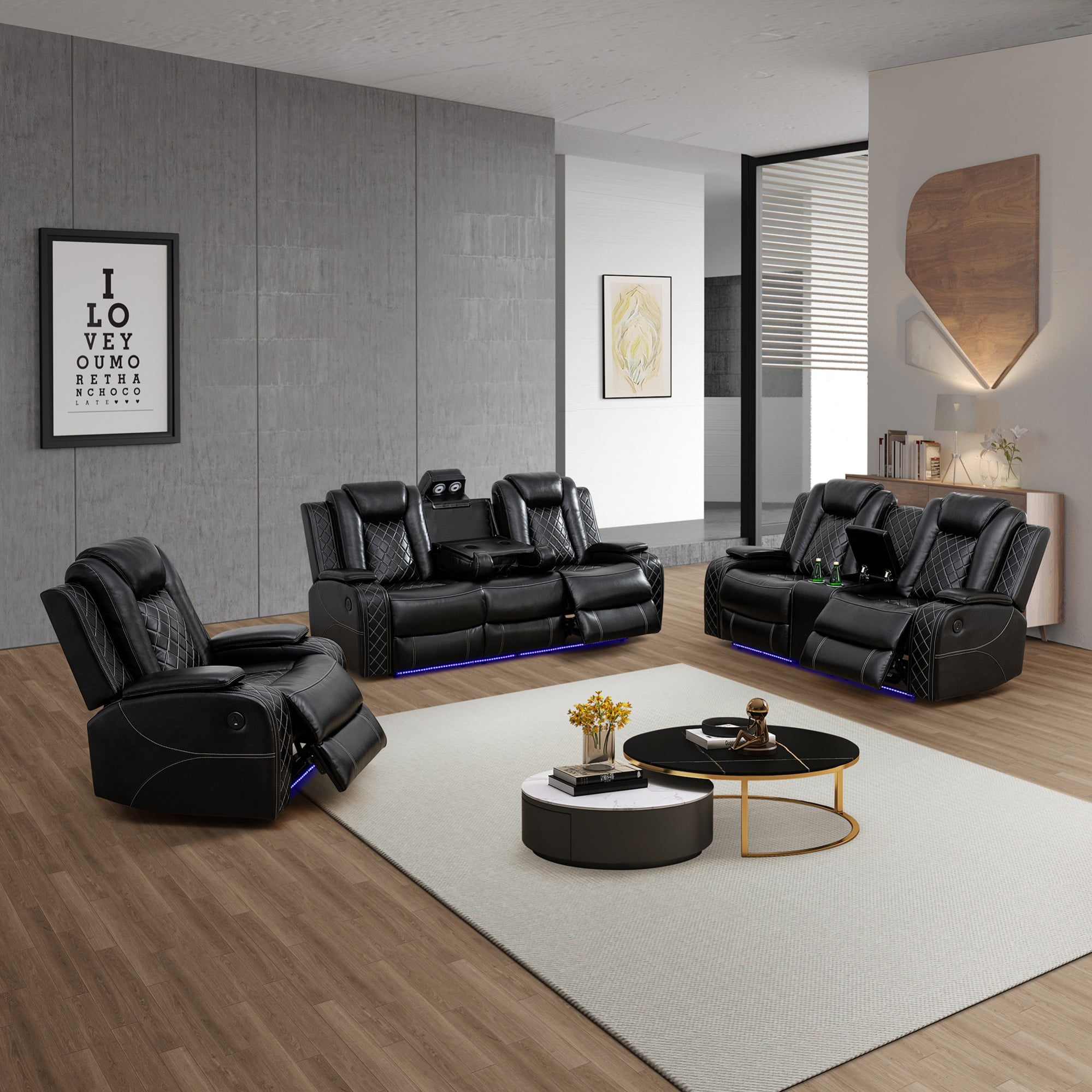 Gewnee Black 3-Piece Multifunctional Smart Sofa with Console & Cup Holders, Solid Wood Frame, Double-Layer Springs and Air Leather