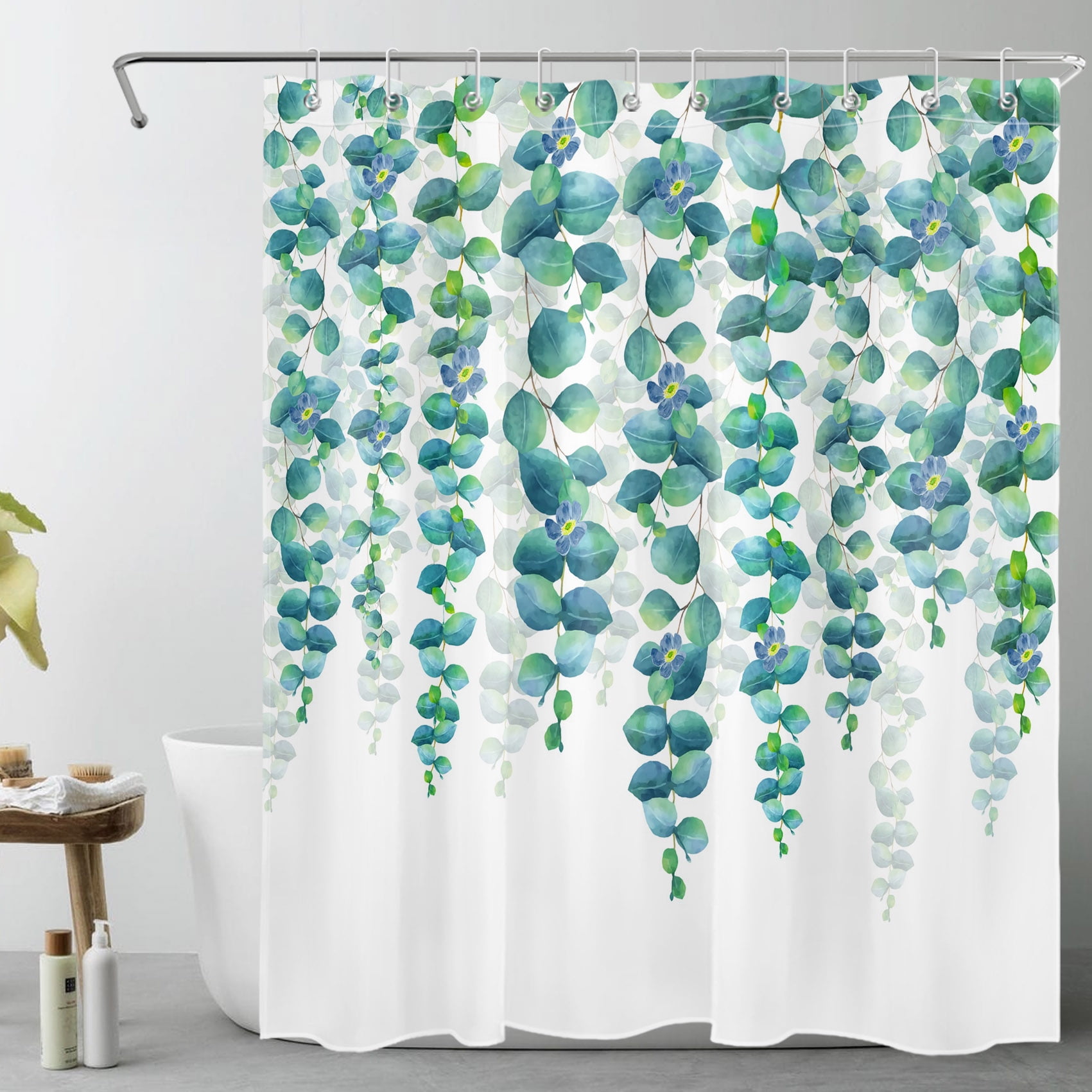 HVEST Leaf Shower Curtain Watercolor Green Leaves Shower Curtain for