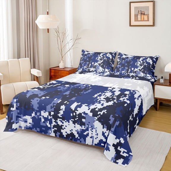 Homewish Vintage Camo Queen Sheet Set (4-Piece) Modern Pixel Plaid Deepblue White Microfiber Decor Kids