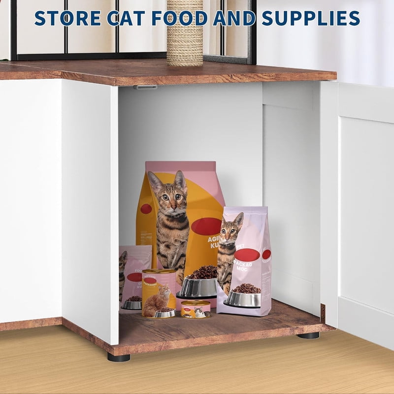 Cat Tree Litter Box Enclosure Hidden Litterbox, Large Tall Cat Tower for Indoor Cats Large Adult, 2 in 1 Multi Level 48.8 Inch Wooden Furniture with Scratching Post, Hanging Balls for Pets