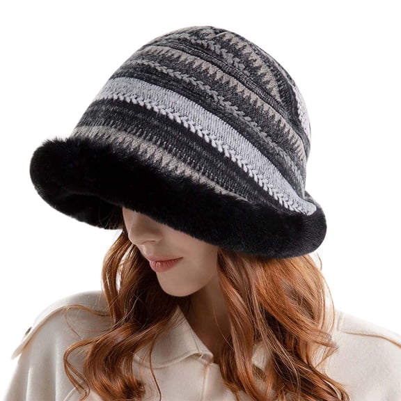 Yuanlong Womens Bucket Hat Striped Jacquard Plush Lined Warm Winter Hat Windproof Vintage Casual Daily Elegant Outdoor Headwear