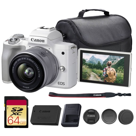 Canon EOS M50 Mark II Mirrorless Camera with 15-45mm Lens (White) | 24.1MP APS-C Sensor, Dual Pixel CMOS AF, 4K Video & Vari-Angle Touchscreen | For Vlogging & Content (4729C004)   64GB Card   Bag