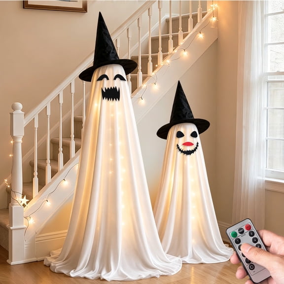 West Bay Ghost Halloween Decorations Indoor, 2 Pack Light Up Adjustable Height Ghost Decoration with 6 Facial Stickers, Great for Halloween Party,Porch,Mantel,Home Decor