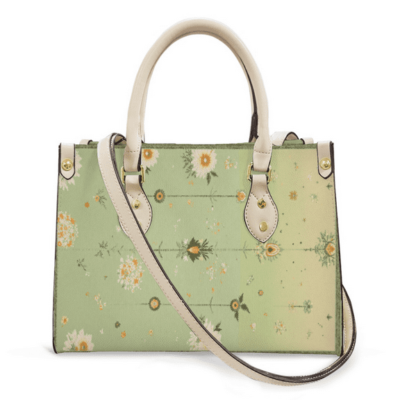 Purse Tote Bag for Women Leather Handbag, Satchel Shoulder Crossbody Top Handle Bags for Work Travel, Retro green floral pattern flowers, WHITE