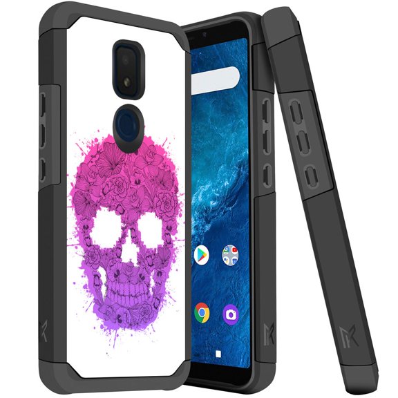 ANJ  Slim Dual Layer Hybrid Shockproof Case   Tempered Glass Cover for Cricket Icon 3, Splendor, AT&T Motivate 2 - Abstract Pink Skull