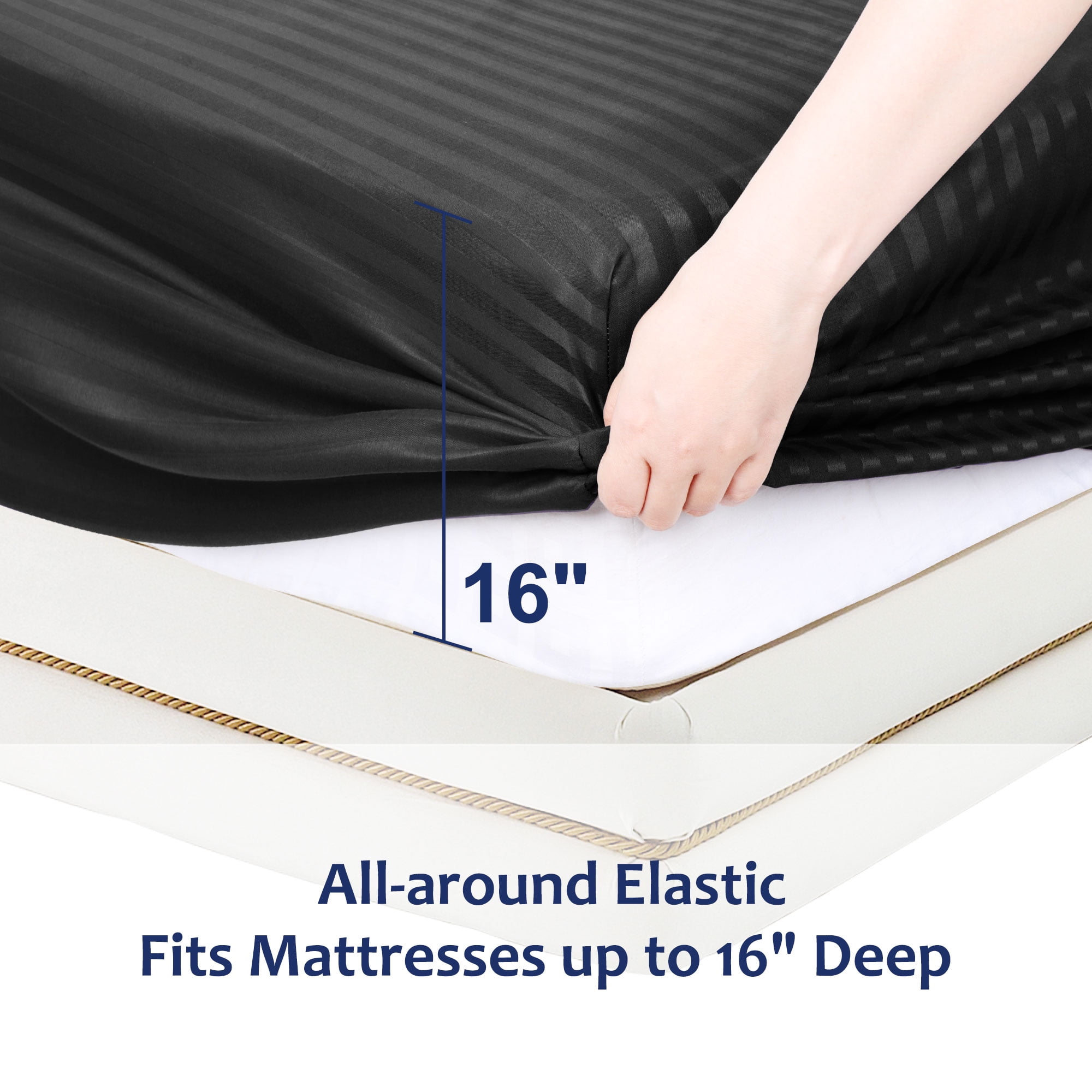 Unique Bargains Soft 100GSM Striped 16 Inch Deep Pocket Fitted Sheets Queen Black