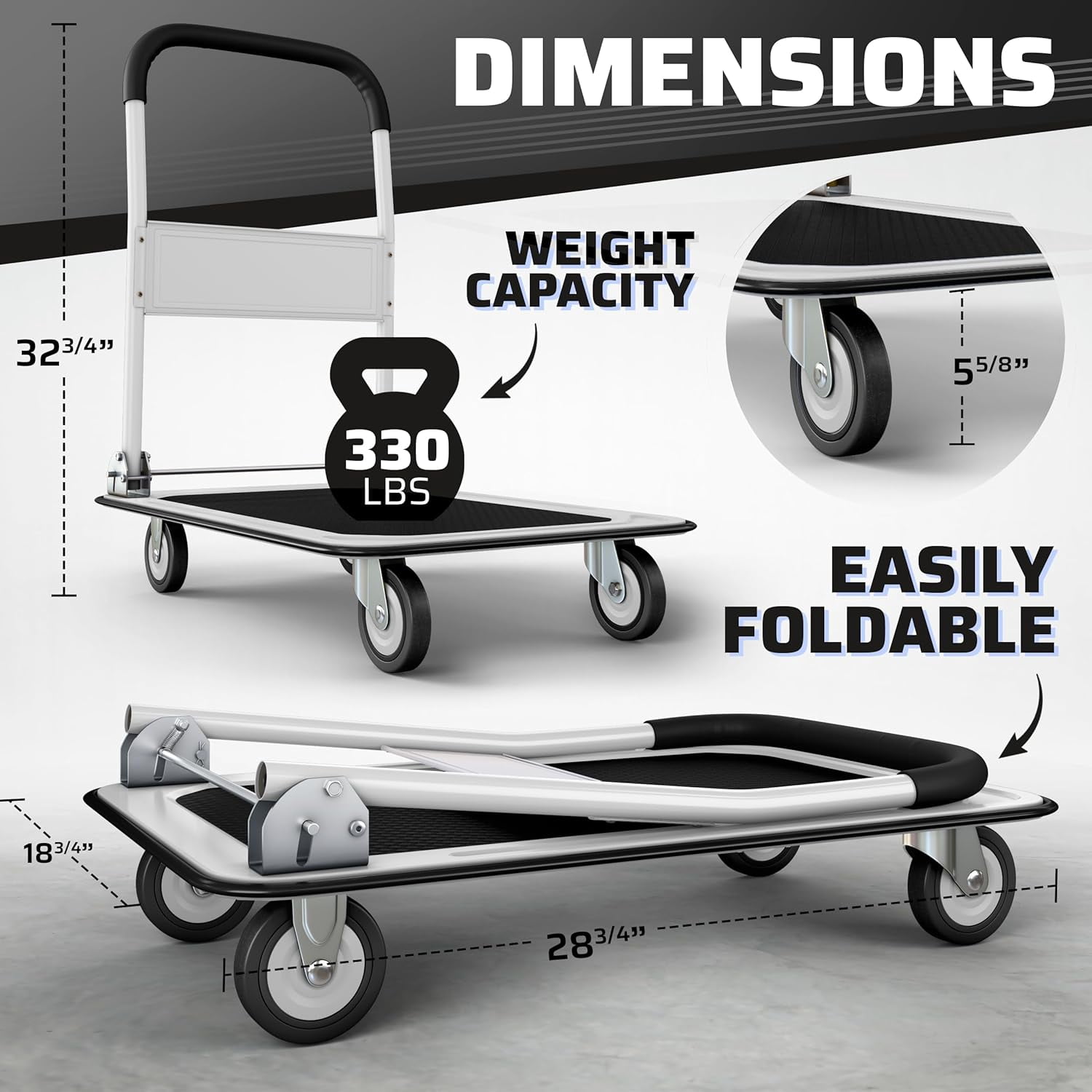 CheckOutStore (1) Heavy-Duty Collapsible Push Cart Dolly - 330 lbs Capacity Foldable Flatbed Hand Truck with Handle (White)