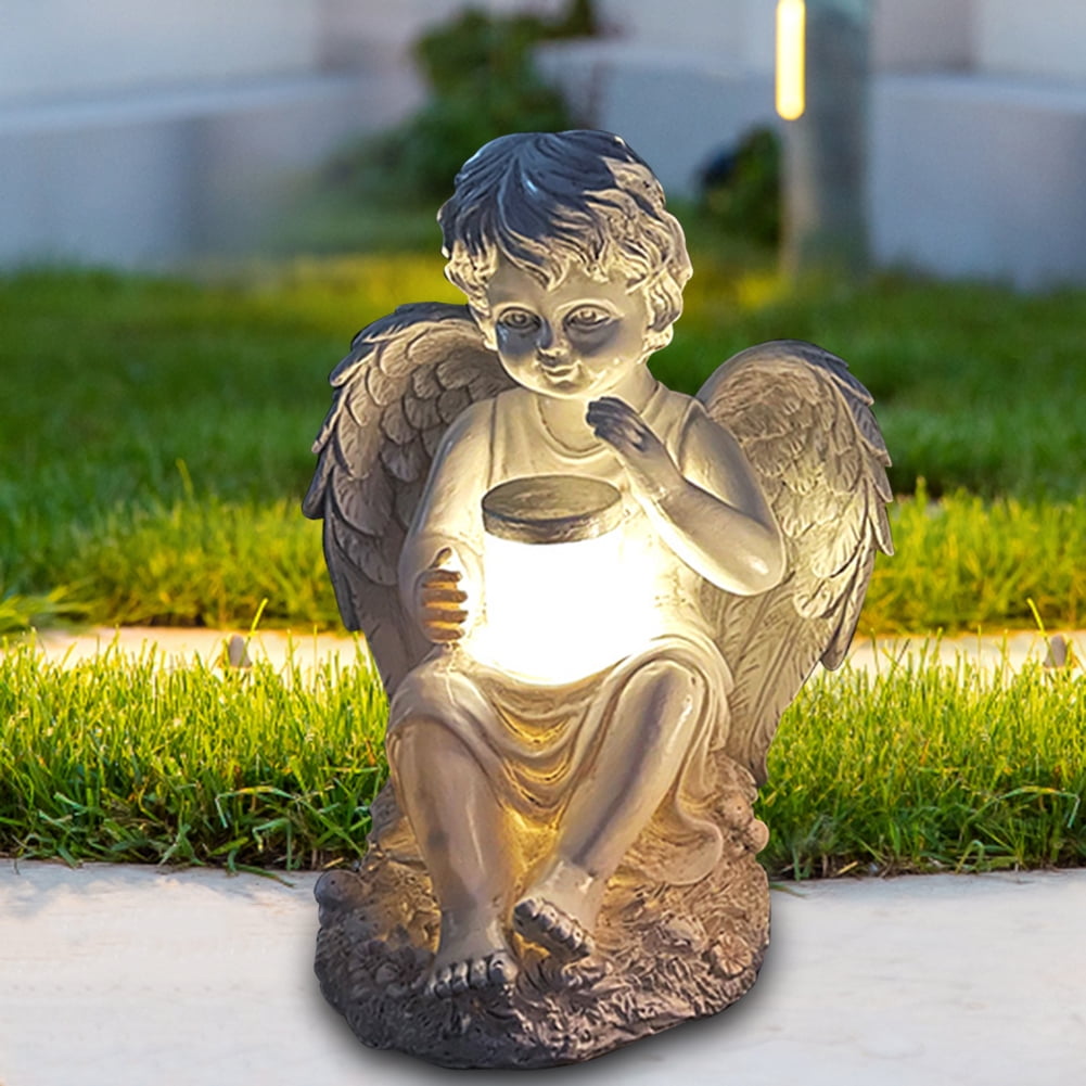 Statuette De Fée Ange Avec Lumière Solaire - Décoration De Jardin En Résine - Figurine Angélique Pour Pelouse, Cimetière, Cadeau - 12