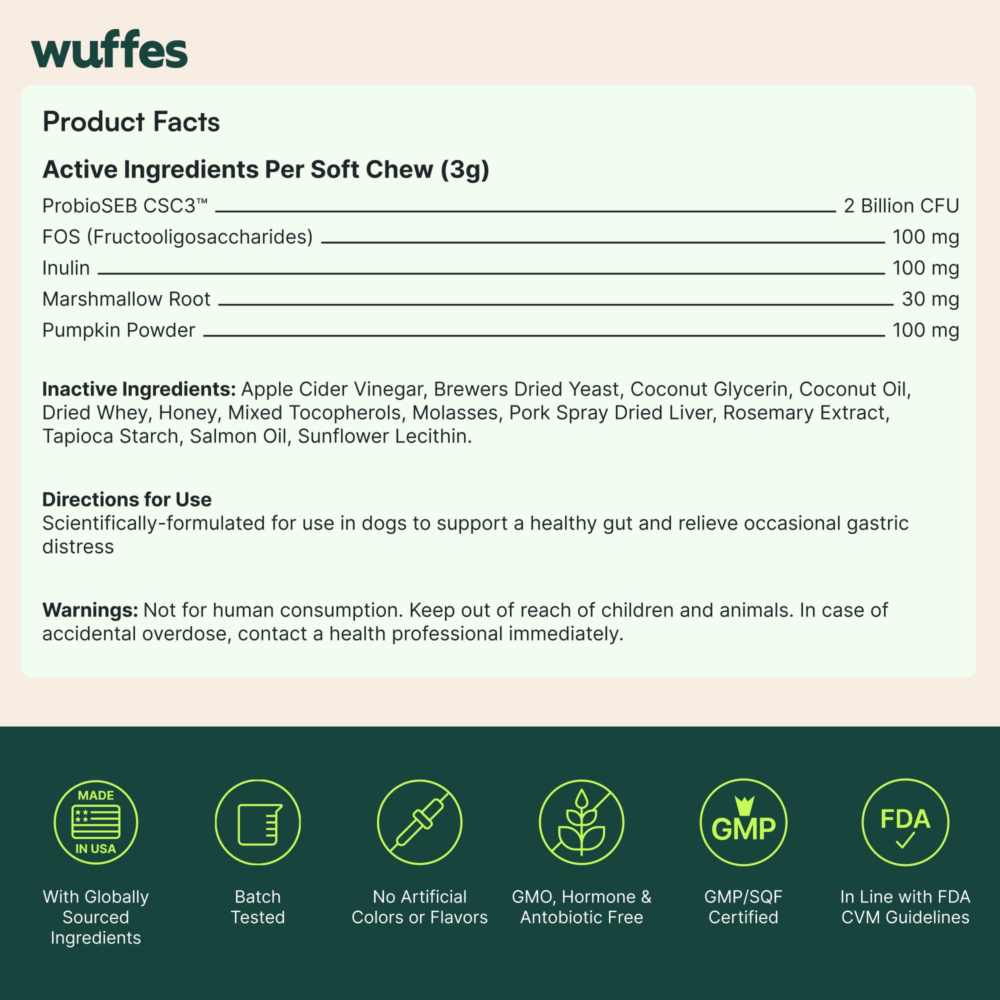 Wuffes Daily Probiotic for Dogs - Supports Digestive Health, Gut Balance, and Immune System - with Prebiotics, Marshmallow Root, and Pumpkin Powder - 60 Soft Chews