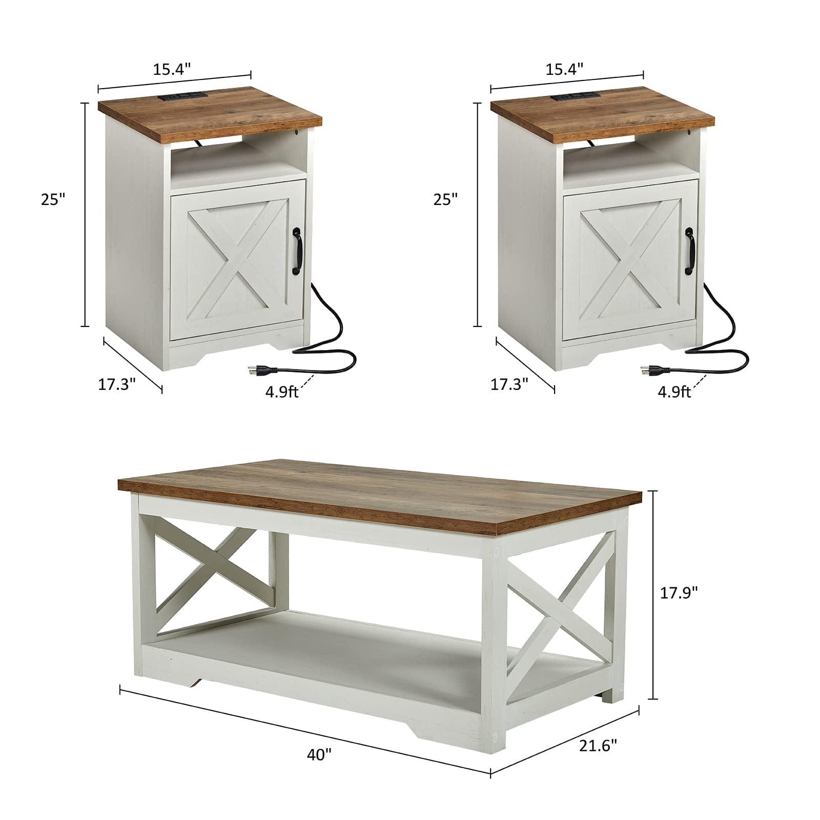 LUXOAK 3-Piece Farmhouse Table Set, Coffee Table & Two End Tables, USB Ports, Distressed White