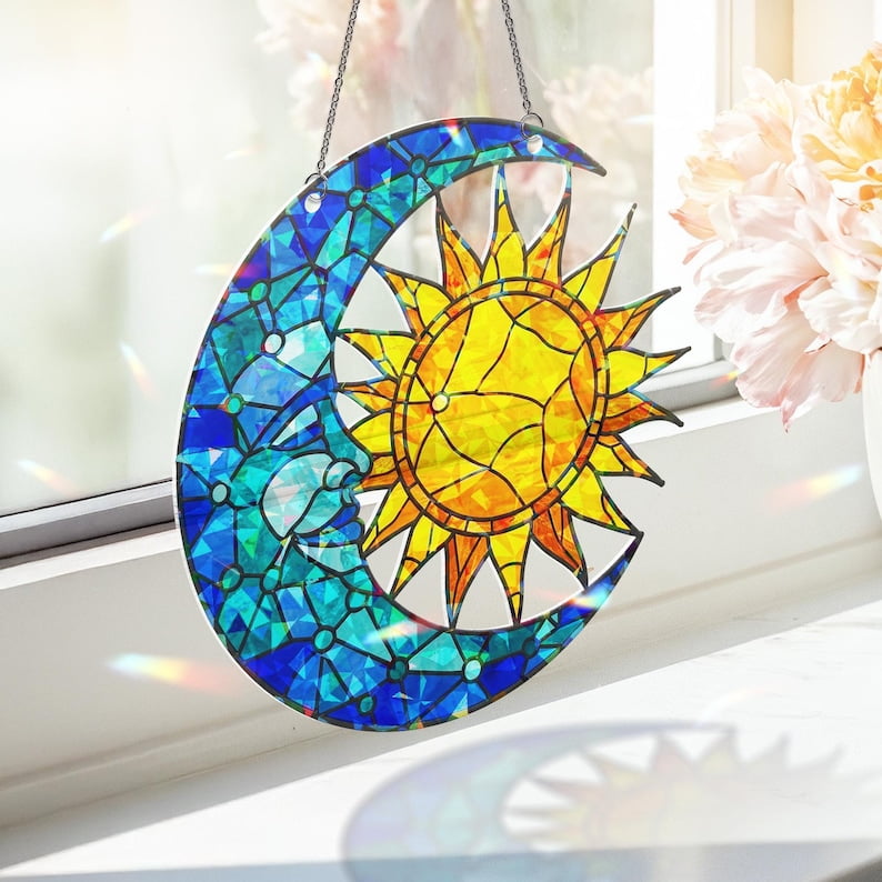 ViciArt Celestial Sun and Moon Acrylic Window Hanging – 12" Holographic Suncatcher, Boho Spiritual Décor