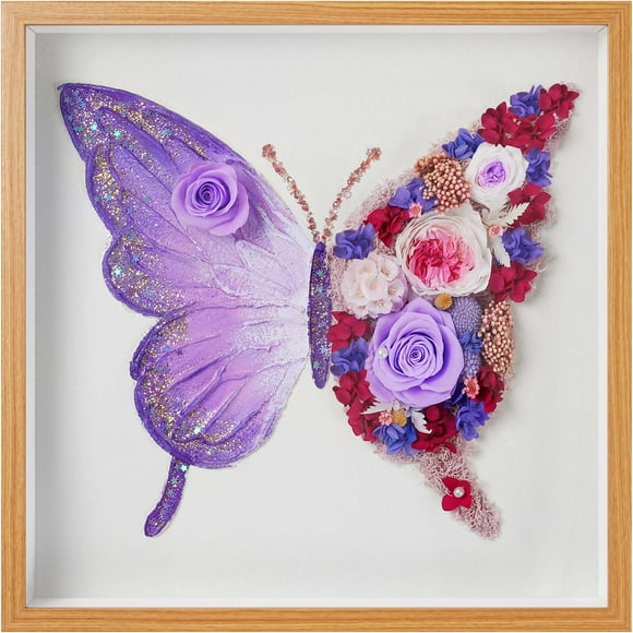 Caja de sombra con forma de rosa y mariposa auténtica preservada, 30 x 30 cm, AddWel