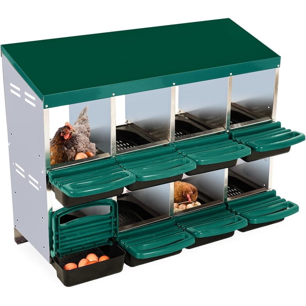 Caja Nido para Gallinas, 8 Compartimentos, Caja con Patas Metálicas, Caja Rodante para Huevos con Tapa Protectora