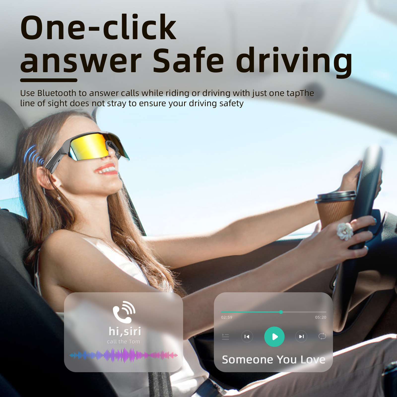 Sports Smart Sunglasses, Bluetooth Cycling Glasses with Polarized Lenses, Open Ear Music Speakers, Gold