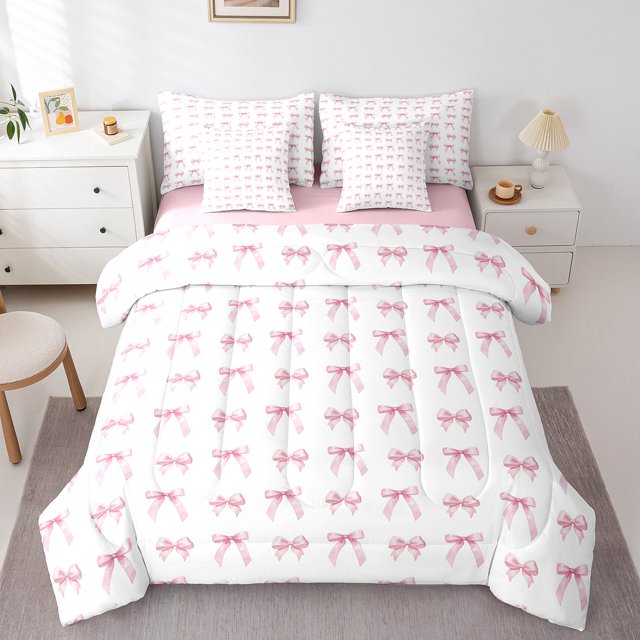 Erosebridal Bowknot Bedding Sets Queen Size for Teens, Princess Ribbon Comforter Sets with Sheets, Cartoon Decor, Reversible 7pcs