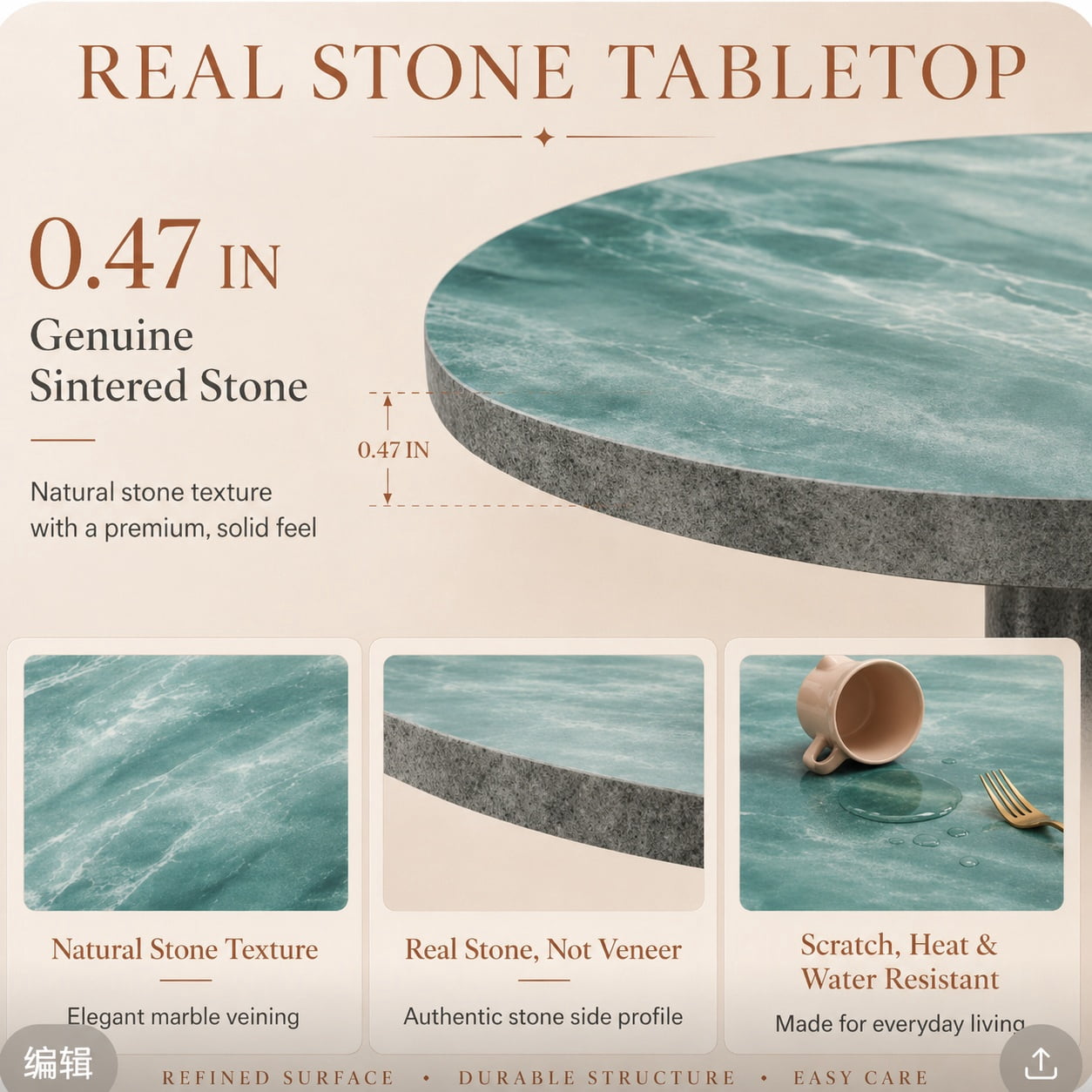 Aukfa 31.5" Round Sintered Stone Dining Table for 2-4, Kitchen Table Tulip Table with Rose Gold Pedestal Base for Bistro Small Apartment,Emerald Green