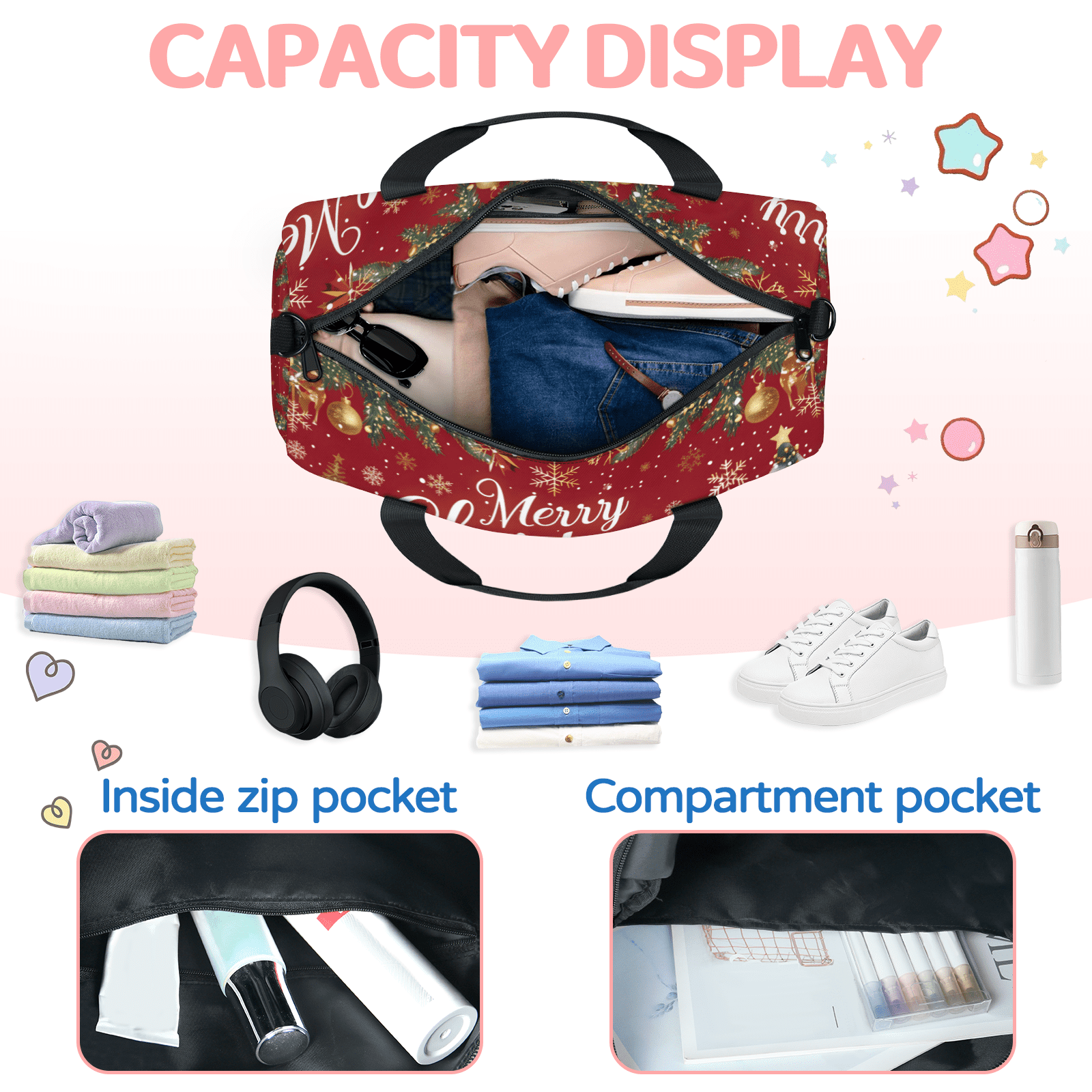 Herdesigns Christmas Themed Travel Duffle Bag Sports Yoga Weekender Overnight Carry on Workout Bags Lightweight Waterproof Gym Tote Bag for Women